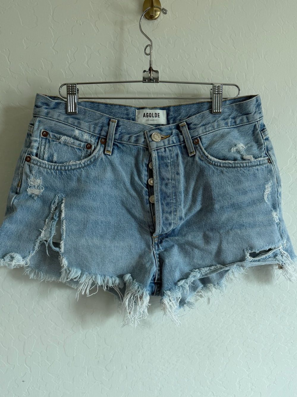 AGOLDE Parker Vintage Cut-Off Denim Shorts Distressed Light Wash 28